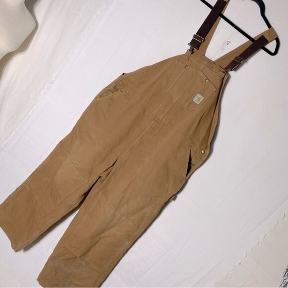Carhartt Tan Duck Canvas Bib Overalls Double Knee Work Wear 50x30 - Picture 16 of 16